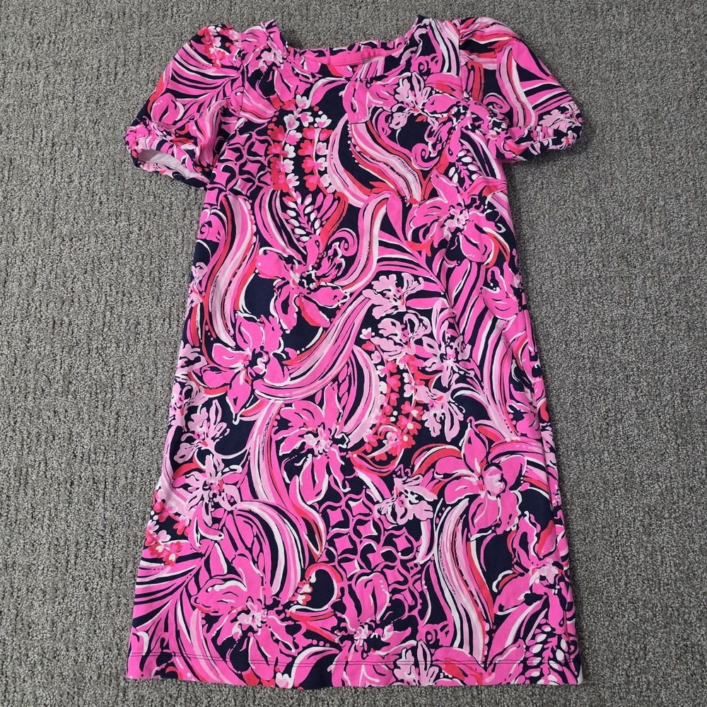 Lilly Pulitzer Girls Aleece Dress XL 12‎ 14 Pink Floral Shift Knit Short Sleeve